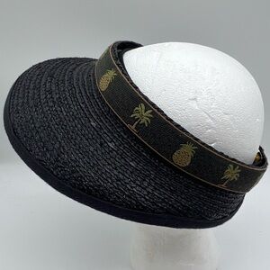 Scala Collezione Black Straw Visor with Pineapple & Palm Tree Embroidery - OS